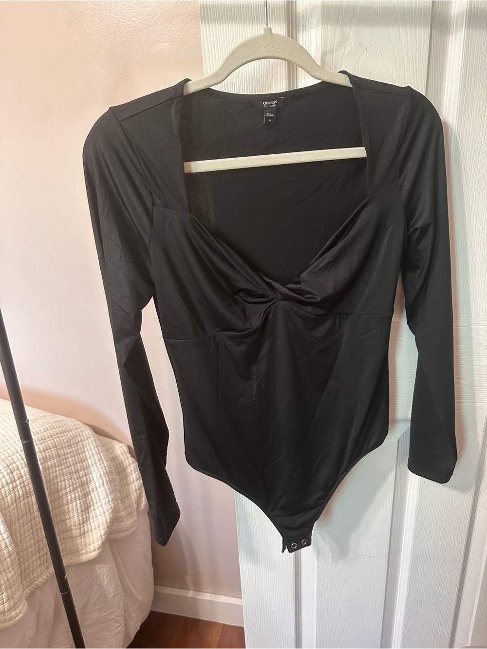 Express Black Long-Sleeve Twist-Front Bodysuit Top